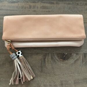 Hechizo for Anthropologie. Elegant Tan and Cream Clutch with Tassel.